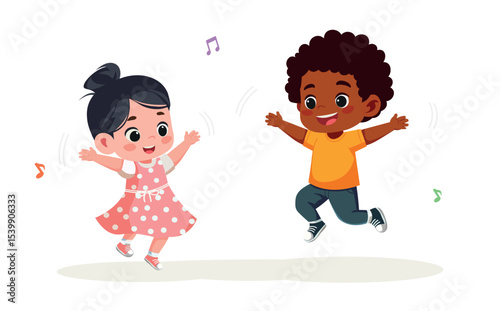 Happy Black Boy and Asian Girl Jumping  – Cartoon Vector Illustration