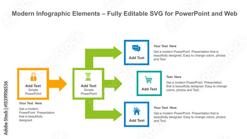 Central Process with 3 Outcomes – Editable Arrow Infographic Slide. Fully editable vector SVG file compatible with PowerPoint, Illustrator, and most vector-based applications.