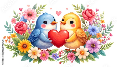 Loving birds with floral heart.