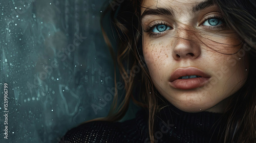 AI generated. Young woman with striking blue eyes and freckles gazes thoughtfully, her hair tousled and illuminated by soft light, creating an intimate and captivating portrait atmosphere