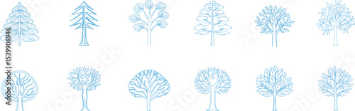 Collection of minimal hand-drawn blue tree illustrations with diverse shapes, perfect for eco projects, nature prints, educational designs, and decorative landscape graphics.