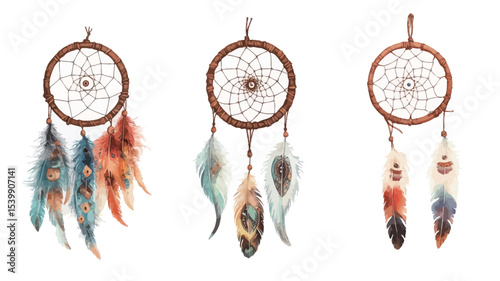Three watercolor illustrations of dream catchers. Each dream catcher features a circular brown wooden frame with a web-like interior and hanging feathers in varying colors, predominantly teal,