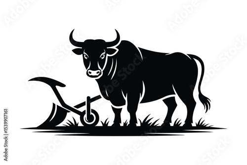 Bull with plow isolated on white background