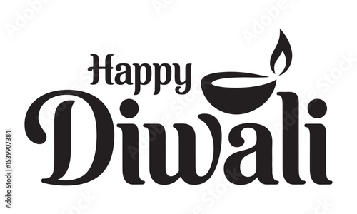 Happy Diwali Calligraphy with Diya Lamp, Festival Greeting, vector illustration