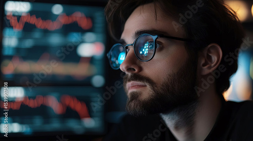 Young man with glasses focused on financial data analysis, surrounded by multiple screens displaying stock market trends and graphs, illustrating modern technology in finance