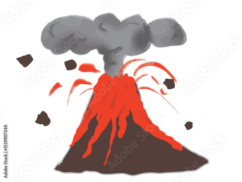 Illustration of a volcano spewing lava, exploding and scattering cinders