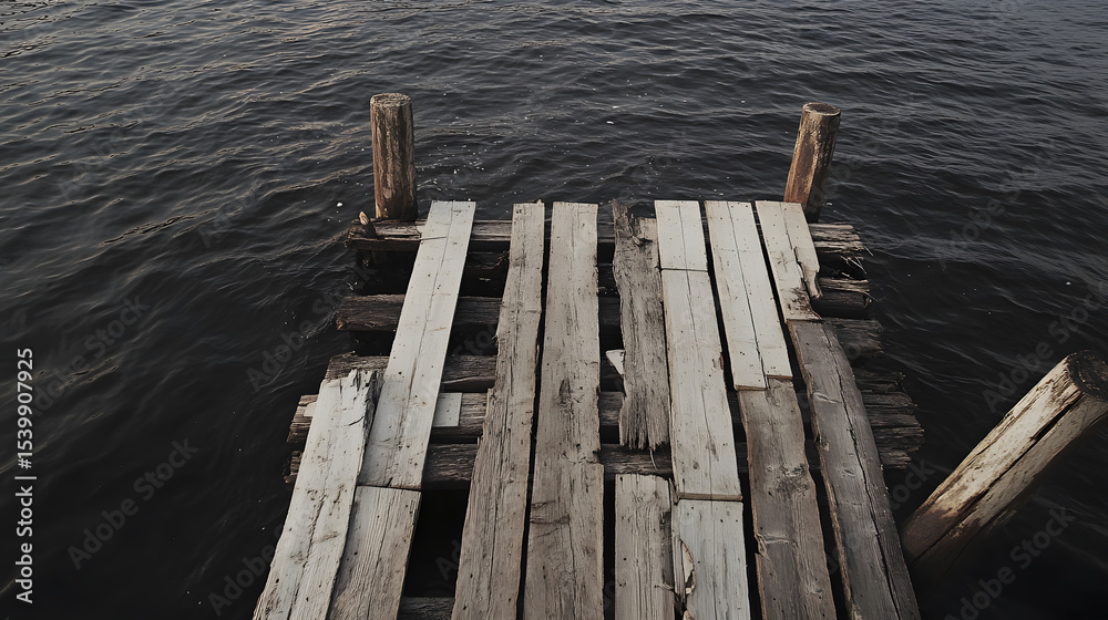 Fototapeta premium Dilapidated wooden pier with missing boards extends over dark water, evoking sense of abandonment and rustic decay in quiet, natural setting