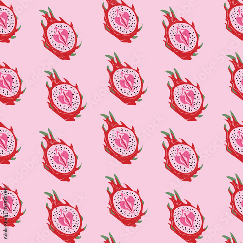 Seamless pattern with Dragon fruit, pitahaya with outlines female labia. Vulva