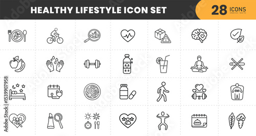  Healthy lifestyle set of web icons in line style. Fitness and sport icons for web and mobile app. Work and rest, physical activity, exercise, gym, sleep, body care and a diet. Editable stroke 
