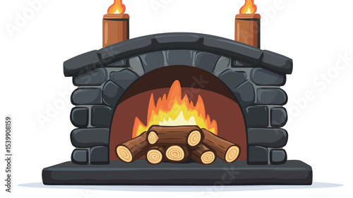 The image shows a digital illustration of a stone fireplace. The fireplace is rendered in a realistic style, with detailed textures on the stonework.  The fireplace is rectangular with an arched