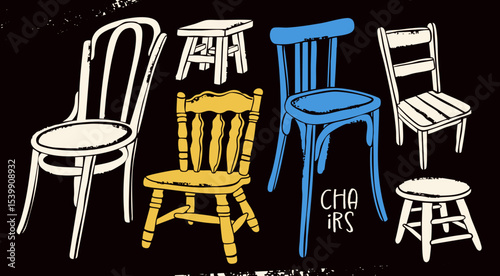 Various Chairs, furniture set. Traditional, elegant dining setting, tall short chair, stool, wood decor. Different positions. Hand drawn Vector illustration. Isolated design elements. Wooden aesthetic