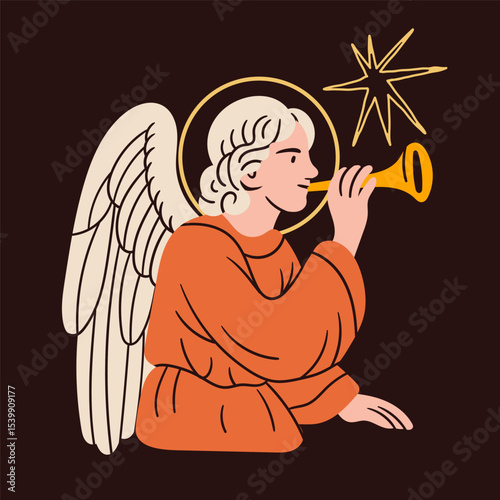 Angel blowing horn in colorful robe. Praying angel, Saint, creature with wings, halo. Hand drawn trendy Vector illustration. Isolated design element. Print, logo, card template