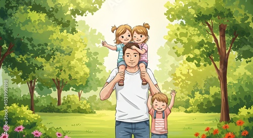 Father carrying children in park