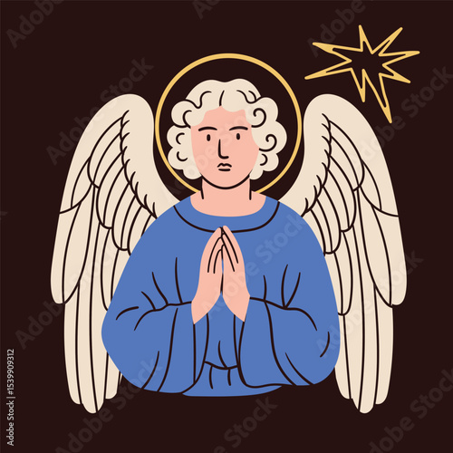 Angel in colorful robe. Praying angel, Saint, creature with wings, halo. Hand drawn trendy Vector illustration. Isolated design element. Print, logo, card template