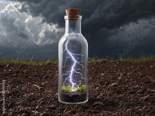 Lightning lights grass in bottle, vitality contained