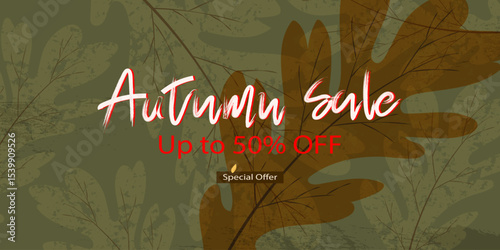 Autumn Background for Fall seasonal special discounts in stores.Sale promotion templates with Autumn leaves.Vector dry maple leaf with grainy texture on green background for Flyer,Banner,Social media