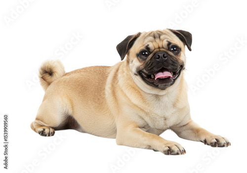 Happy pug dog lying down isolated on transparent background
