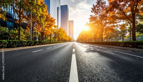 Autumn Cityscape Sunlit Asphalt Road with Golden Trees, City Background, Urban Road Autumn foliage, City street