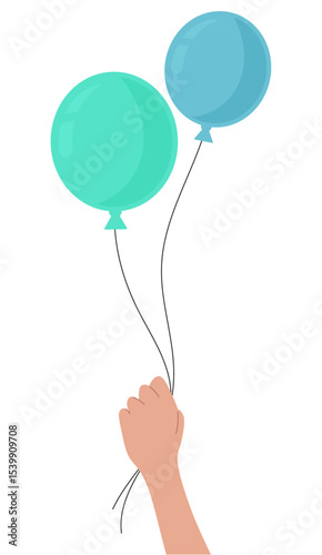Main qui tient deux ballons attachés par des ficelles - Couleurs douces et sobres - Illustration vectorielle éditable pour célébrer un événement festif comme un anniversaire, une fête familiale
