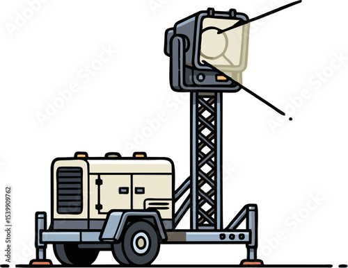 Illustrated Mobile Floodlight Generator with Bright Beams and Detailed Design
