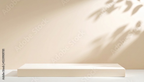 Beige Platform with Leaf Shadow, Product Display, Mockup Product Photography, Minimalist Background