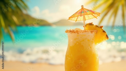 A refreshing cocktail with an umbrella and pineapple slice sits on a white sand beach, featuring blue ocean and distant green hills. Concept of serene getaway