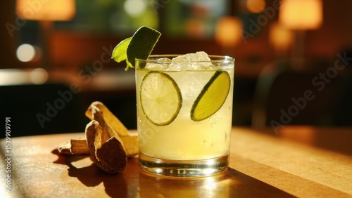 A clear cocktail with lime slices and ice, garnished with a lime peel, rests on a wooden table with blurred background lights. Concept of vibrant zest