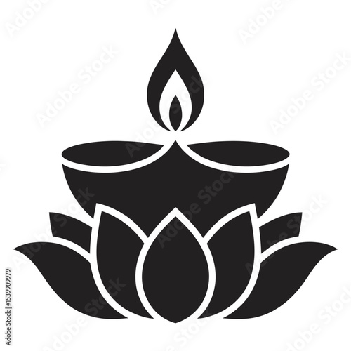 Diya Lamp on Lotus Flower Icon - Hindu Festival Symbol, vector illustration