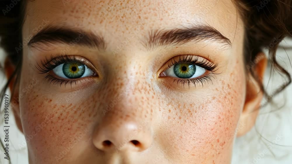 Close young portrait of up woman revealing flawless skin, subtle freckles, vibrant blue eyes, embodying effortless natural beauty and radiant complexion