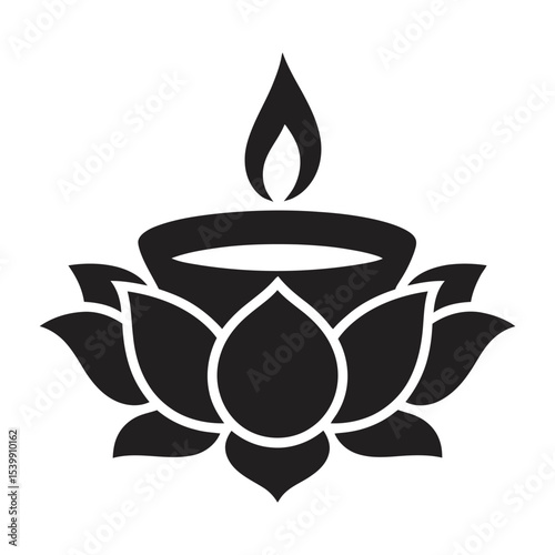 Diya Lamp on Lotus Flower Icon - Hindu Festival Symbol, vector illustration