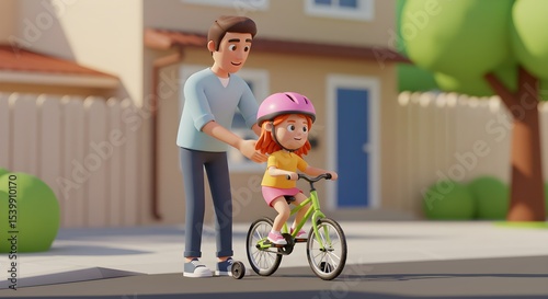 Father helping daughter learn to ride balance bike