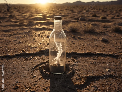 Whirlwind in bottle on dry land, sunset
