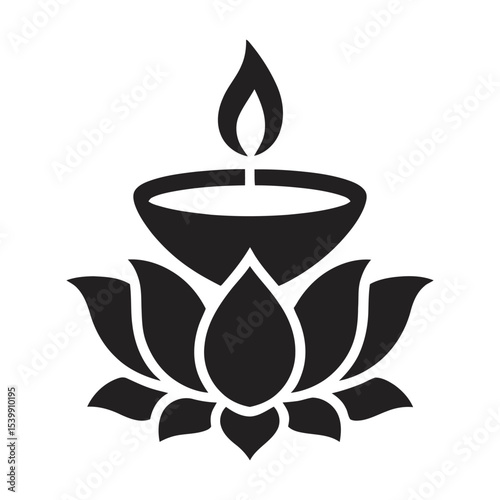 Diya Lamp on Lotus Flower Icon - Hindu Festival Symbol, vector illustration