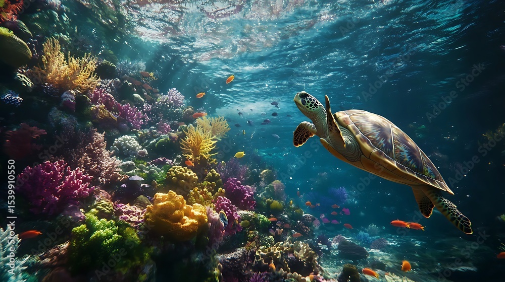 Obraz premium Calm sea turtles swimming close to shoreline rocks high resolution picture