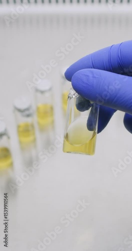 Lab worker in protective rubber gloves examines consistency of specimen. Skilled lab technician rotates vial in different directions to assess consistency