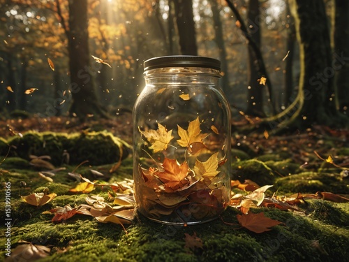 Sun-kissed autumn leaves in a jar on a mossy forest floor.