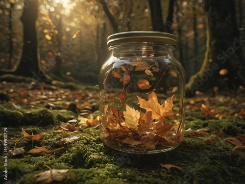 Autumn leaves captured in a jar in a mossy forest.