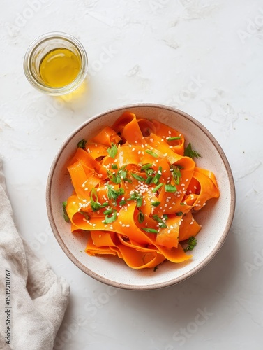 Bright bowl of Viral Carrot Salad with sesame and green onion on white surface, minimalist clean look, Selective Focus