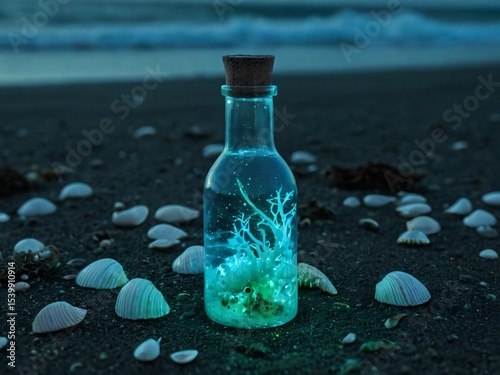 A luminous bottle with glowing flora on a shell-strewn beach.