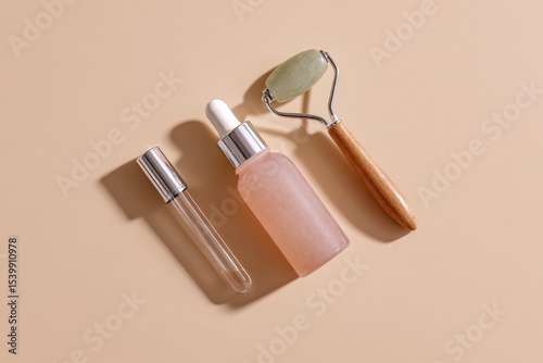 Minimalist skincare set with Collagen Threads, serum and roller for at-home facial lifting, Selective Focus