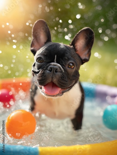 French bulldog playing with toys in colorful Dog Bath Pool on a summer lawn, joyful small dog activity, Selective Focus