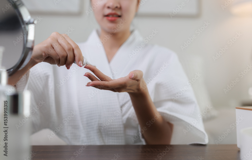 Fototapeta premium Woman applying moisturizing hand cream at home