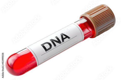 DNA analysis investigation in forensic technology. Test tube labeled DNA filled with red liquid, symbolizing genetic analysis and medical research.