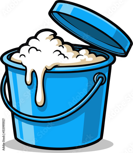 Overflowing Blue Bucket with Creamy Substance and Open Lid.