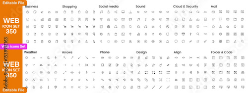 Technology web icon set in line style. Network, web design, website, computer, software, progress,programming, data, internet, collection. location, icon symbol, Vector illustration.