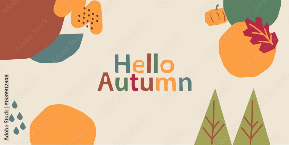 Fototapeta premium Autumn hand drawn card, Maple leaf, pumpkin and walnut. Hello autumn paper cut design.