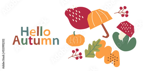 Autumn hand drawn card, Maple leaf, pumpkin and walnut. Hello autumn paper cut design.