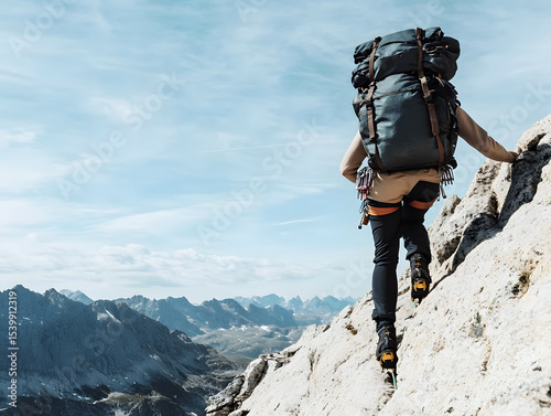 Person climbing steep rocky mountain with large backpack under clear blue sky, showing determination and adventure in rugged outdoor landscape
