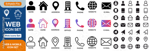 Business icon for company. Web icon set. Phone, name, website, address, location and mail logo symbol sign pack. Contact information icons for business cards. line art icons.