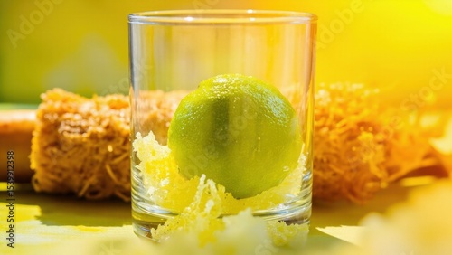 a vibrant green lime with zest in a clear glass, illuminated by bright sunlight against a blurred yellow background. concept of fresh ingredients